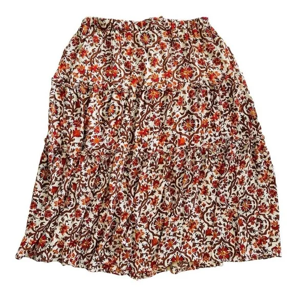 Cynthia Rowley Boho Hippie Flowy Tiered Orange & Brown Floral Print Skirt - Picture 7 of 7